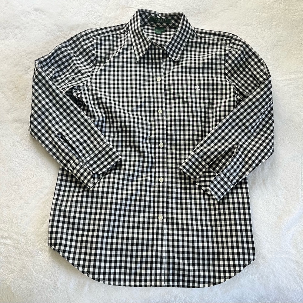 Ralph Lauren Black & White Gingham 3/4 Button Down, Size S